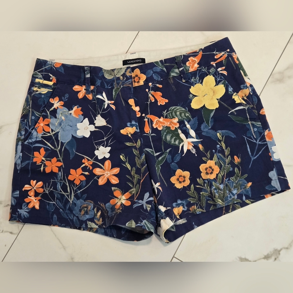 Lands End Womens Shorts Chino Canvas Cotton Floral Navy Blue Low Rise size 10